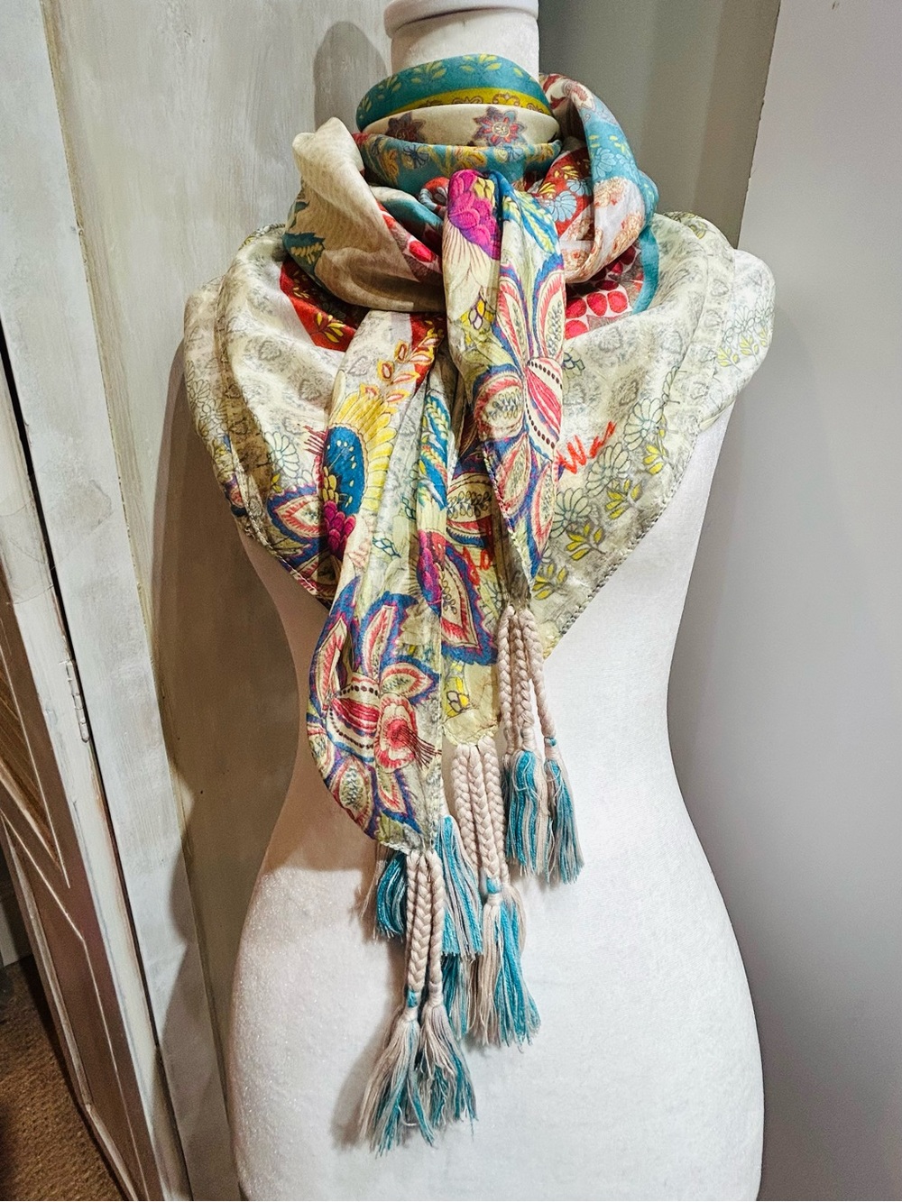 Johnny Was Silk Tassel Scarf in Teal, Pink & Cream OS NWOT